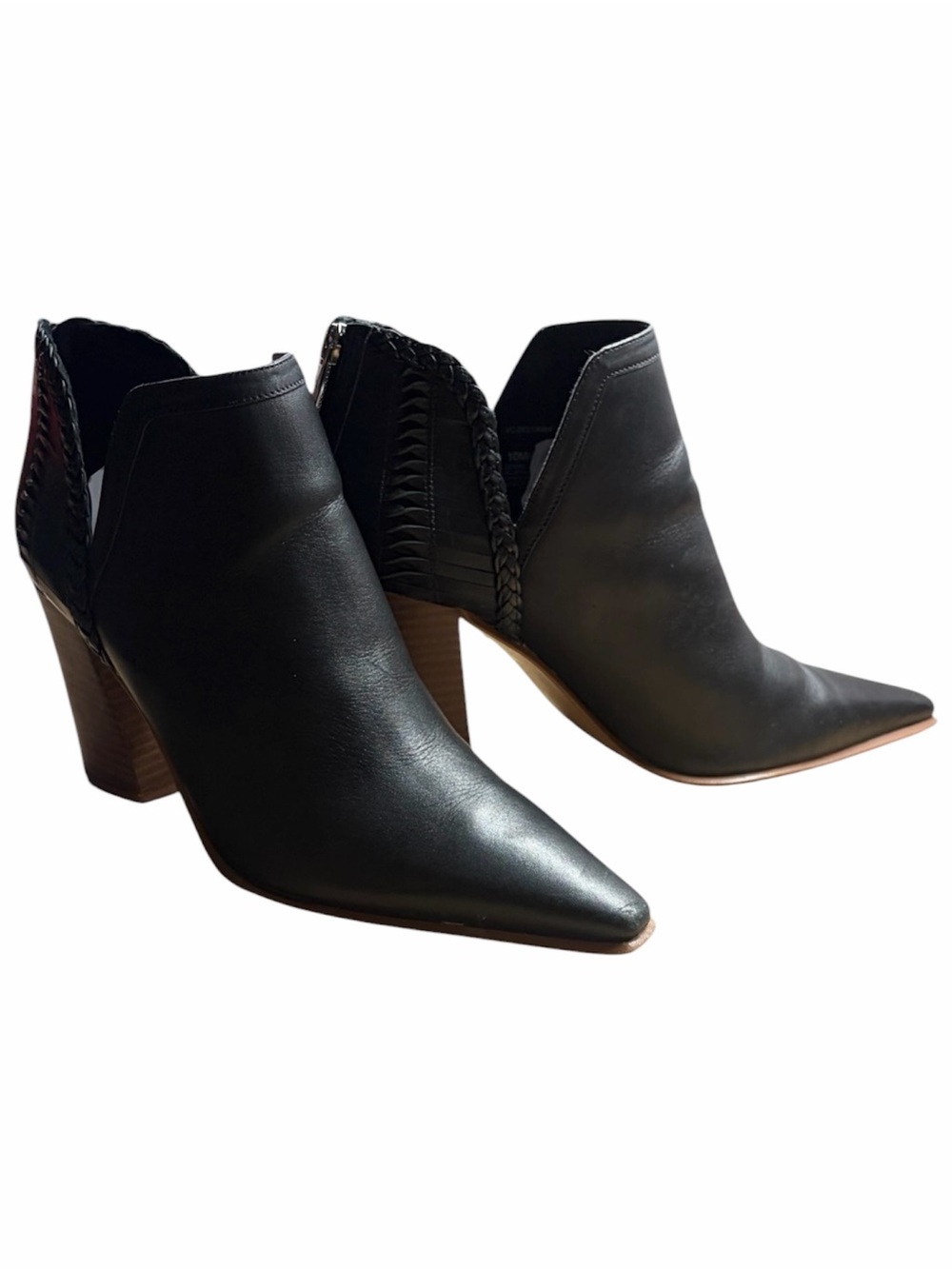Vince Camuto Black Leather Pointed Ankle Booties with Braided Side Detail